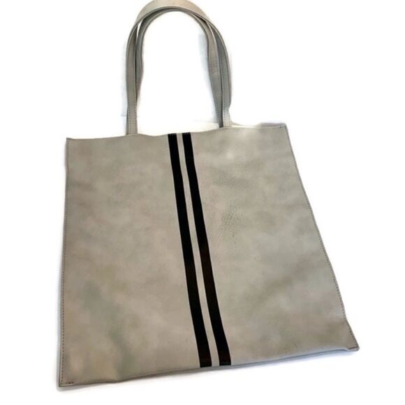 New! Gray and Navy Striped Vegan Leather Tote - Picture 1 of 5